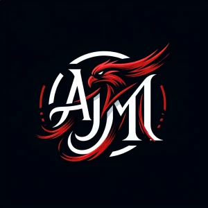 Design a logo featuring the initials "AJM" in a red brushstroke...