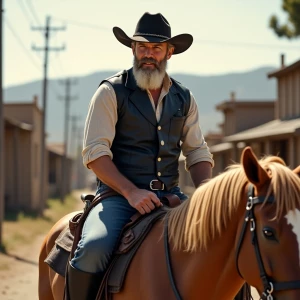 Wanted man muscle dirt blonde hair blonde beard wearing black chaps with blue jeans on a black leather vest. In the morning riding a horse with tan and brown. He is in a old fashion town.