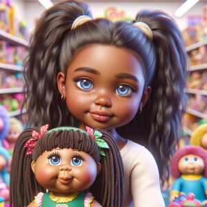 Create a 3-D realistic image of an African-American little girl above the age of five she has huge, blue eyes and thick long ponytails.
She is in a toy store and she is playing with her favorite african-American Cabbage Patch doll , the doll has deep, dimples and freckles