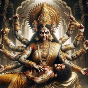 portrait of angry looking, four-armed indian goddess sitting on...