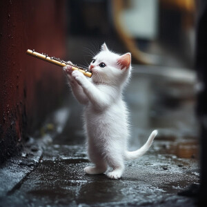 white kitten playing a small flute the size of a cat on the stre...