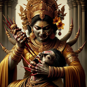 portrait of angry looking goddess durga  carrying a weak mahishasur in her two arms and stabbing him with her amazingly long red fingernails. She is wearing gold armor, a huge gold crown, gold saree, abundant  gold jewelry, covered in blood. The scene is set in ancient India. The image is 8K resolution, cinematic, ultra detailed face and epic.