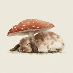 Watercolor rabbit sleeping peacefully under spotted mushroom, mu...
