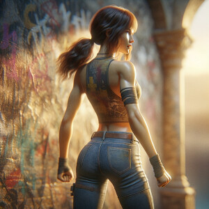 Athletic Thin skinny Attractive, Asian teenage girl, long brown hair and bangs, wearing tight skinny jeans and a halter top paint marks on her clothing, heroic pose Asian graffiti background, backside view