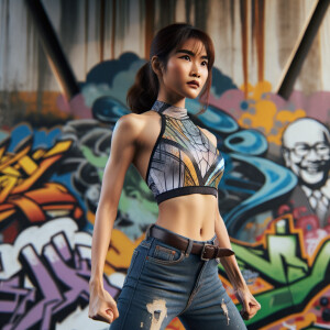 Very thin Athletic Thin skinny Attractive, Asian teenage girl, long brown hair and bangs, wearing tight skinny jeans and a halter top paint marks on her clothing, heroic sideways pose Asian graffiti background