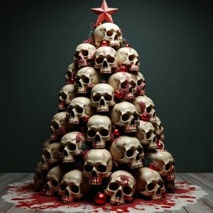 A Christmas tree constructed entirely from human skulls, adorned...