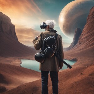 A man poised at the brink of a futuristic landscape, holding Ocu...