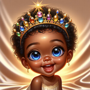 "Create a digital portrait of an adorable african-American baby girl with a joyful expression. She is wearing a gold crown with colorful jewels. Her big, bright blue eyes are wide with wonder, and her tiny mouth is shaped in a happy grin. Her skin has a warm, honey-brown tone, and she has an abundance of thick curly black hair, The background is soft and neutral to keep the focus on her delightful features. The portrait should be vibrant and heartwarming, celebrating the innocence and charm of childhood."