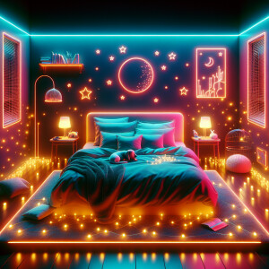 Create a warm and cozy bedroom scene featuring a plush bed, soft...