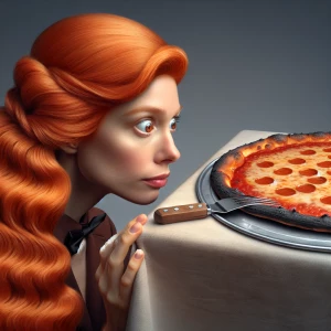 Ginger haired woman is a burnt plain  New Haven style pizza, fun...