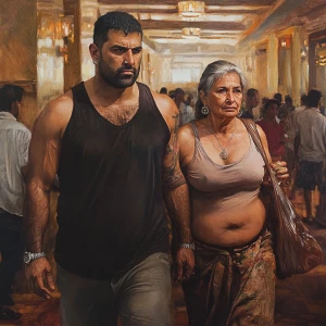 realistic painting 1:1.A sweaty beefy man walking with his 54 ye...