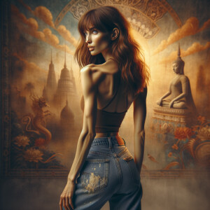 Athletic Thin skinny Attractive, Asian teenage girl, long brown hair and bangs, wearing tight skinny jeans and a halter top paint marks on her clothing, heroic pose Asian graffiti background, backside view