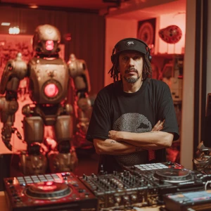 Anyma in front of his DJ equipment. In the background is the Eva...