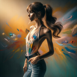 Athletic Thin skinny Attractive, Asian teenage girl, long brown hair and bangs, wearing tight skinny jeans and a halter top paint marks on her clothing, heroic pose Asian graffiti background, side view