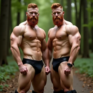 Two Bodybuilders with ginger hair, side part and fade, sporting...