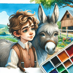 Watercolor portrait of a little boy with wavy hair standing near...