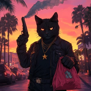 A humanoid cat character standing in a bustling city street at d...
