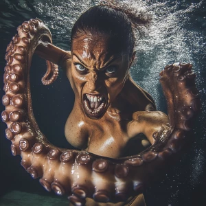 Full-body photograph of a muscular, octopus-like woman, with an...