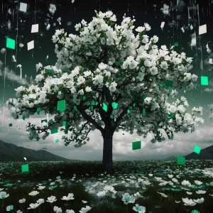 White flowering tree. music notes, glitch, oozing cosmic oily li...