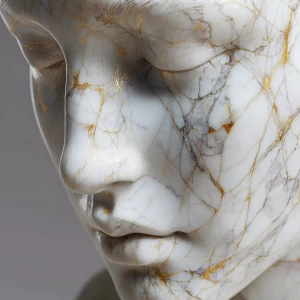 A feminine statue carved from ultra-polished white marble, but w...