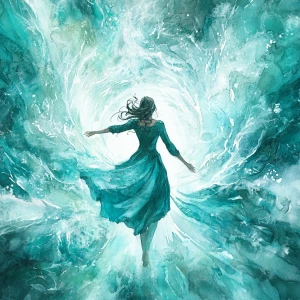 Illustrate in watercolor a woman emanating powerful supernatural...