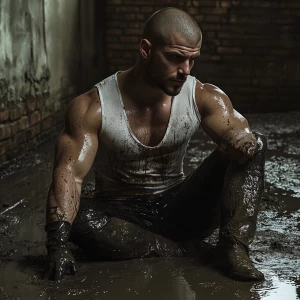 A muscular man with a shaved head and a short beard sits in a pu...