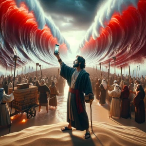 Moses stands at the edge of the Red Sea during biblical times, h...