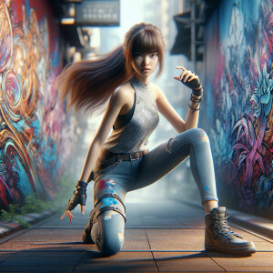 teenage girl, long brown hair and bangs, wearing tight skinny jeans and a halter top paint marks on her clothing, heroic pose Asian graffiti background, nearing on one knee