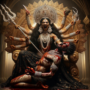 portrait of angry looking goddess durga sitting on a gold crown and carrying a weak mahishasur on her lap and stabbing him with her amazingly designed trident. She is wearing a huge diamond crown, black saree, abundant diamond jewelry, covered in blood. The scene is set in ancient India. The image is 8K resolution, photograph, cinematic, ultra detailed face and epic.