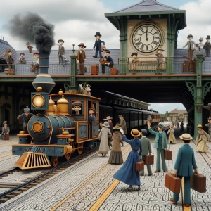 A bustling train station, where passengers in vintage suits and hats wave goodbye to a cartoon steam train pulling out of the station. The scene includes animated smoke puffs, an old-fashioned clock tower, and detailed, hand-drawn cobblestones.