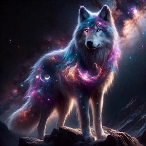 A majestic wolf standing on a rocky cliff, its fur shimmering wi...