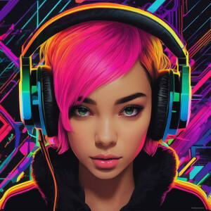 A black background with  a girl with short hair wearing headphon...