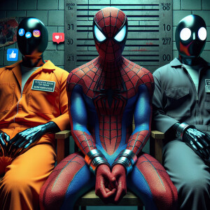 Create a 3D image of Spider-Man, Venom, and Deadpool sitting sid...