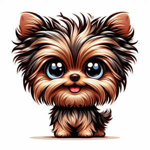 A cartoonish style image of a smiling whimsical yorkie with exag...