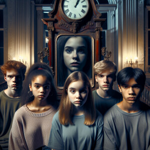 Four teenagers are standing in a dark mansion. The figure of a g...
