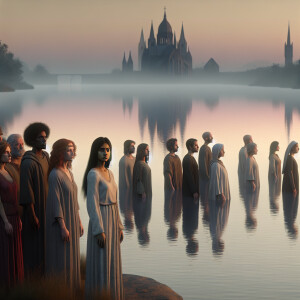 A group of people stands by the lake in the morning. One girl ha...