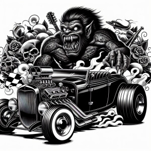 Hot rod monster in an old school tattoo style