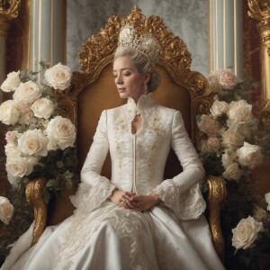 a woman in a white dress sitting on a throne surrounded by white...