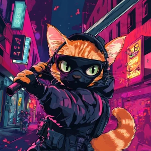 A wide-eyed ginger cat wearing a black tactical balaclava (or ma...