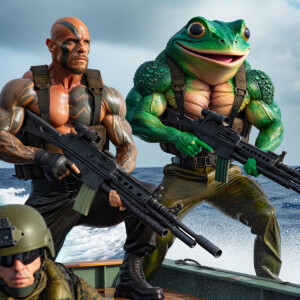 There are two US Navy sailors in battle gear, the navy sailors are a pitbull and Pepe, they are standing in two different directions. They are shooting 50 caliber, machine guns. They are in their Navy seal boat. The boat is making waves. There are also divers on the boat getting ready to dive in the water .