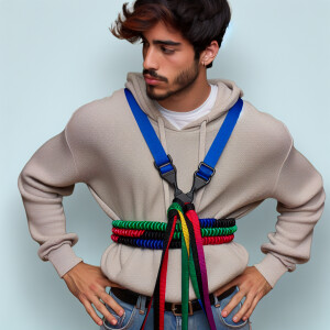 A young hip trendy guy with a colourful bungee strap used as a b...