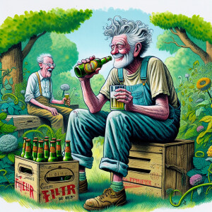 funny grey-haired, disheveled old man, in dungarees and a T-shir...