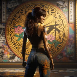 Athletic Thin skinny Attractive, Asian teenage girl, long brown hair and bangs, wearing tight skinny jeans and a halter top paint marks on her clothing, heroic pose Asian graffiti background, backside view