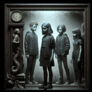 Four teenagers are standing in a dark gloomy room. The figure of...