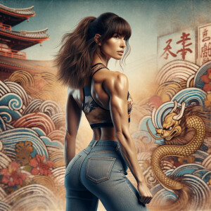 Athletic Thin skinny Attractive, Asian teenage girl, long brown hair and bangs, wearing tight skinny jeans and a halter top paint marks on her clothing, heroic pose Asian graffiti background, backside view