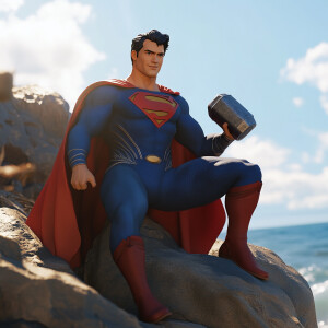 Design a 3D anime-inspired scene with Superman seated on a seasi...