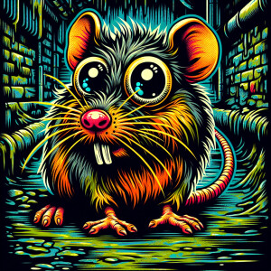 Scruffy Sewer rat with bulging eyes in an new school tattoo styl...