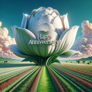 3D image of a HUGE white tulip that has words on it that read HA...