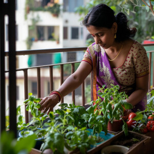 A modern young Indian mother having a small kitchen garden in an...