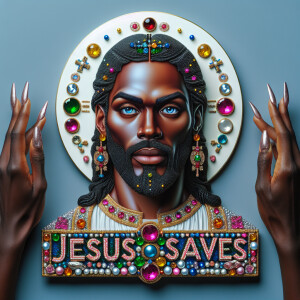 A 3D realistic artwork featuring the phrase 'Jesus Saves' adorne...